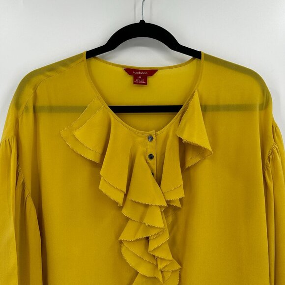 SUNDANCE Yellow 100% Silk Button Up Ruffle Puff Sleeve Blouse Top Size Medium - Picture 3 of 6